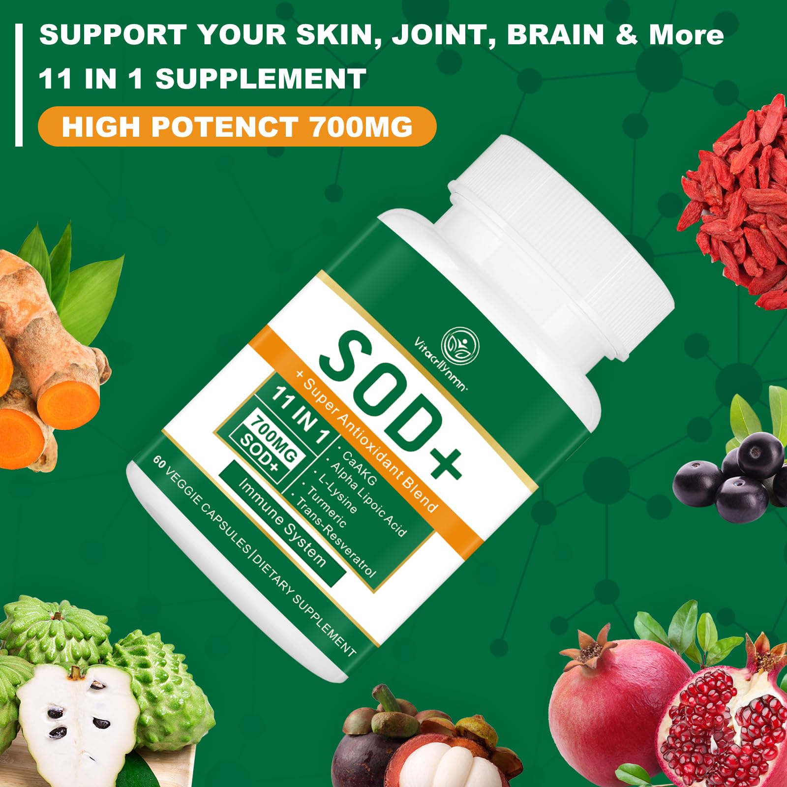VITACRLLYNMN 700mg SOD ingredients label shown for transparency.
