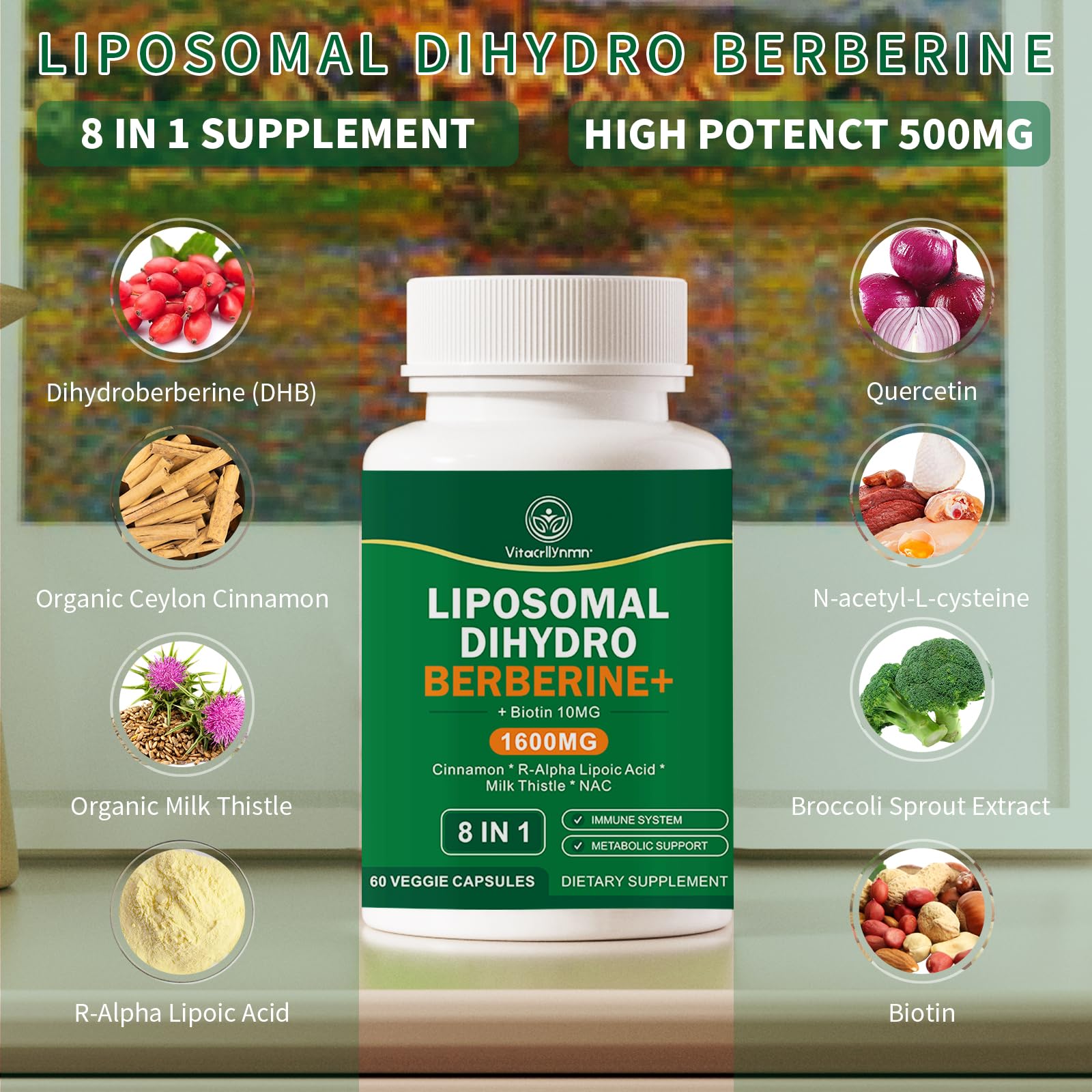 VITACRLLYNMN Dihydroberberine ingredients label highlights clean, non-GMO formula.