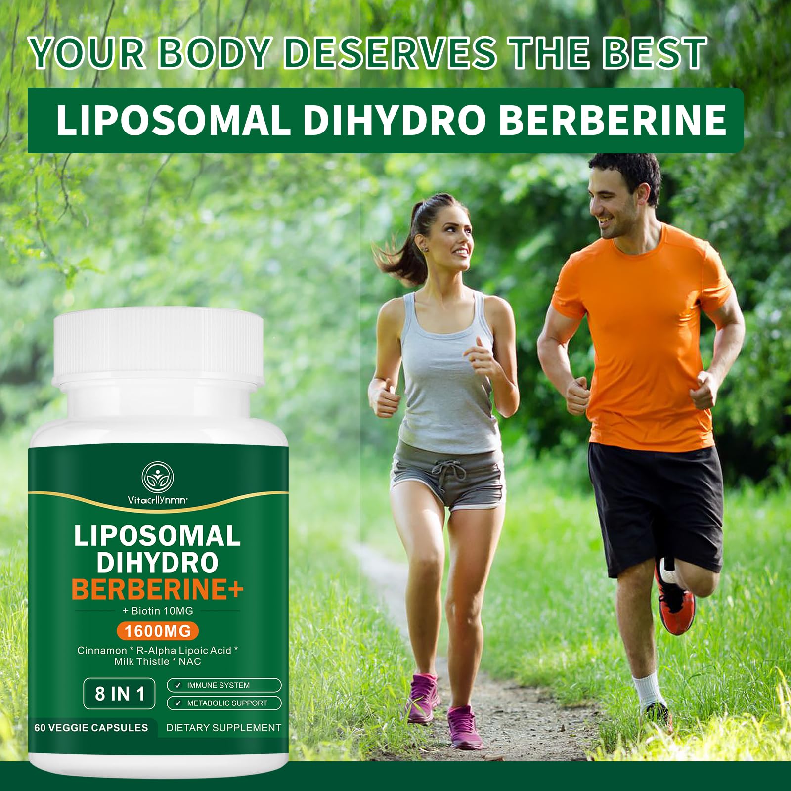 VITACRLLYNMN Dihydroberberine bottle with water emphasizes easy daily intake.