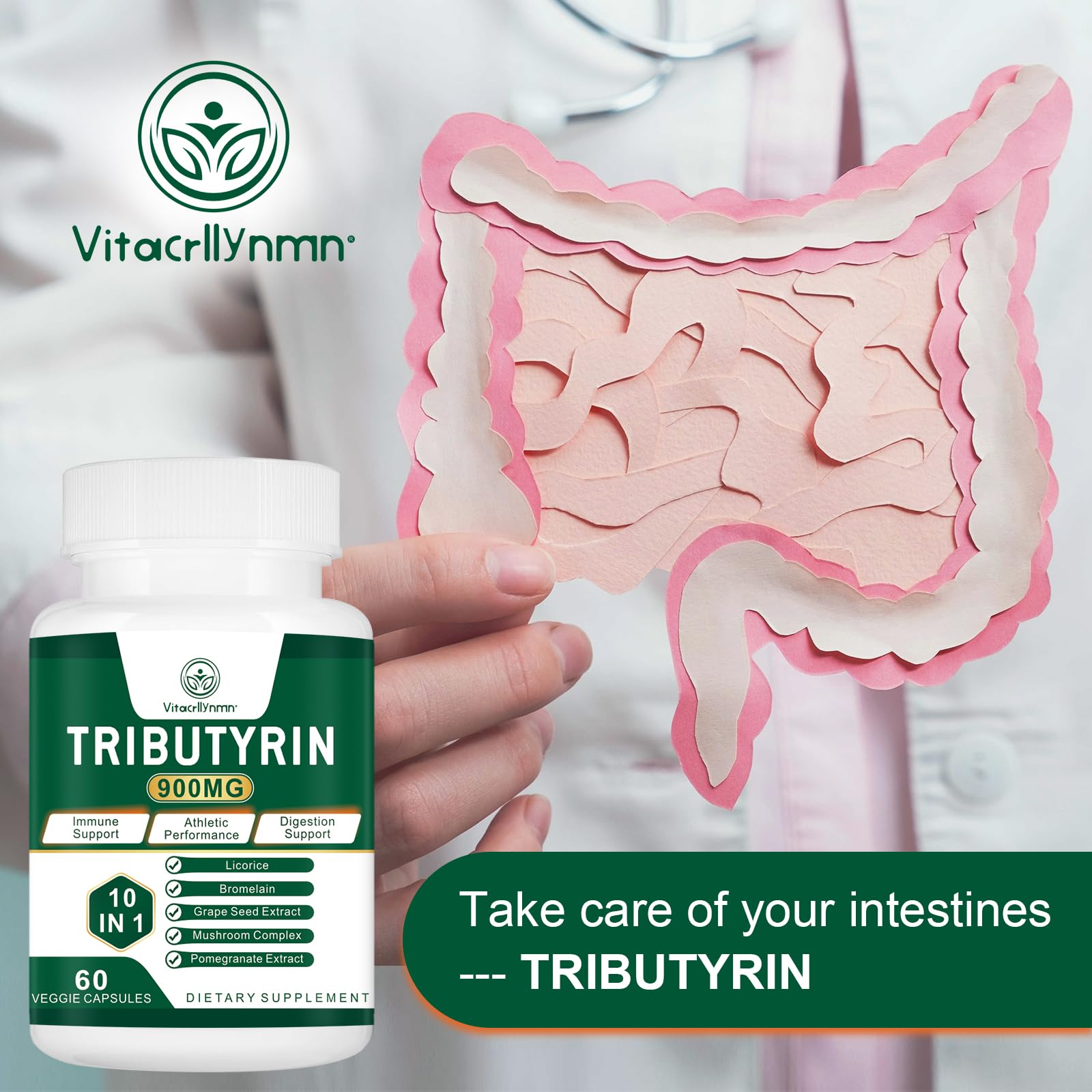 VITACRLLYNMN mushroom complex visual hints at gut barrier support.