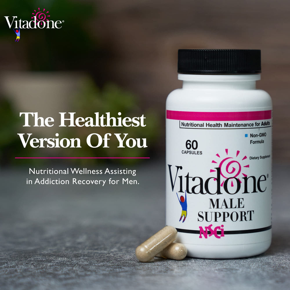 Vitadone Male Support label closeup highlights key ingredients for balance.