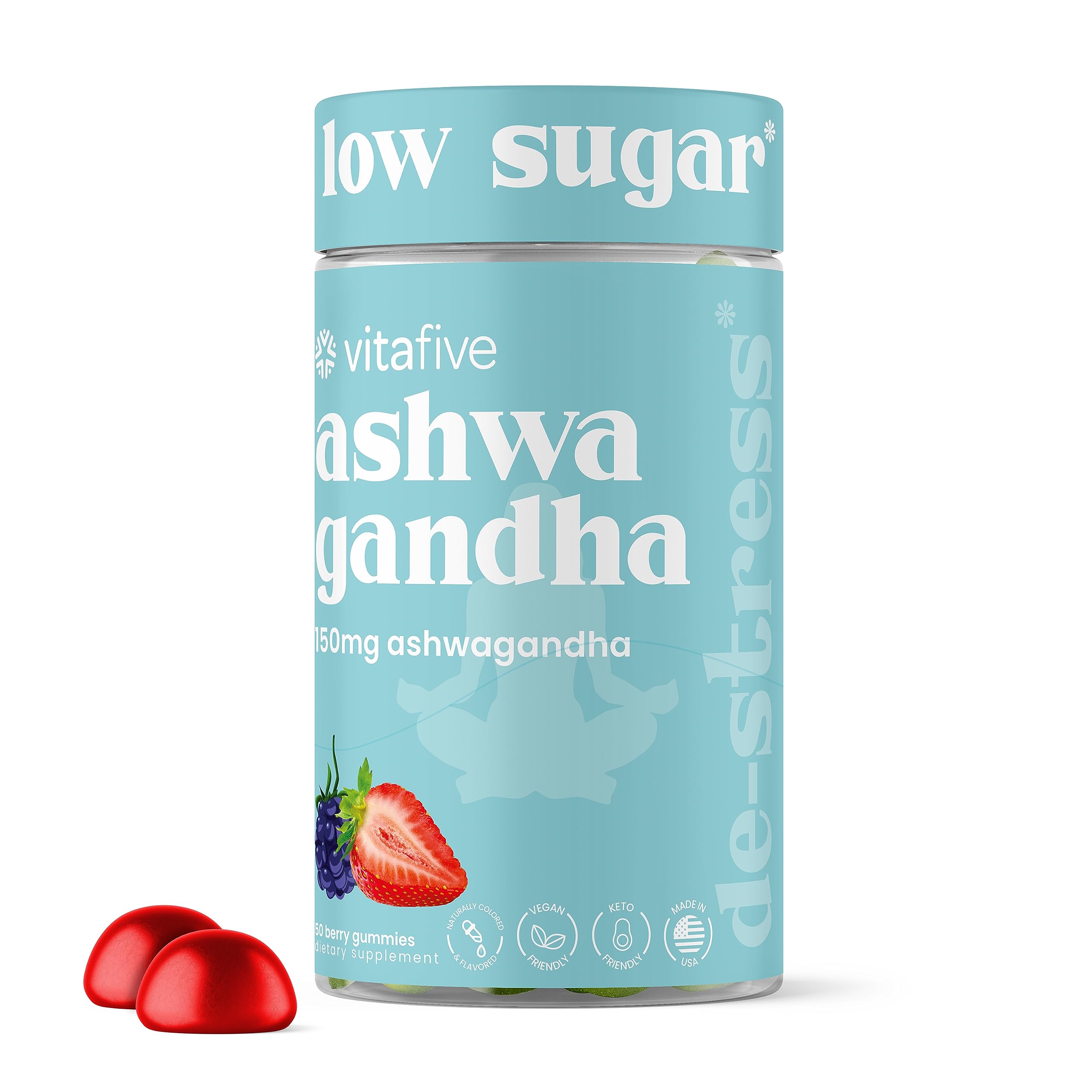 Vitafive Ashwagandha Gummies bottle on shelf for daily calm.