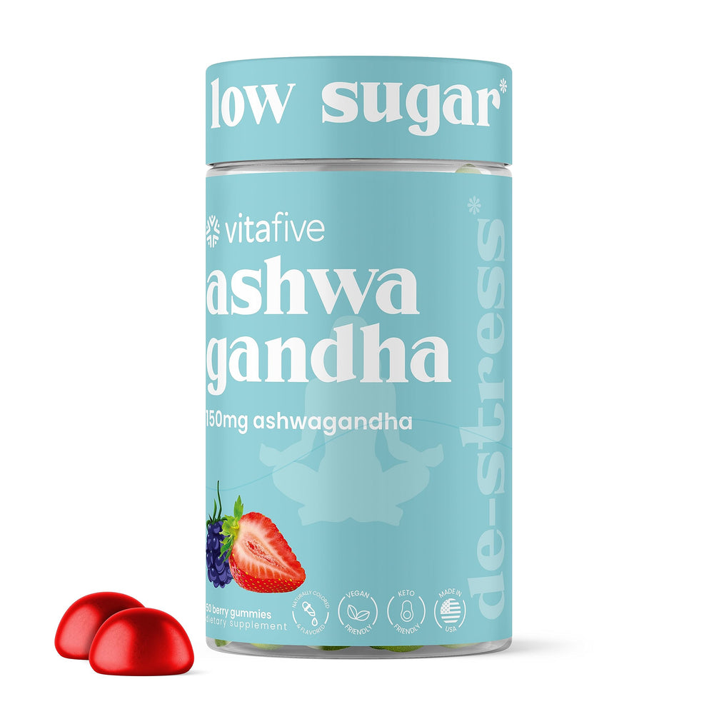 Vitafive Ashwagandha Gummies bottle on shelf for daily calm.