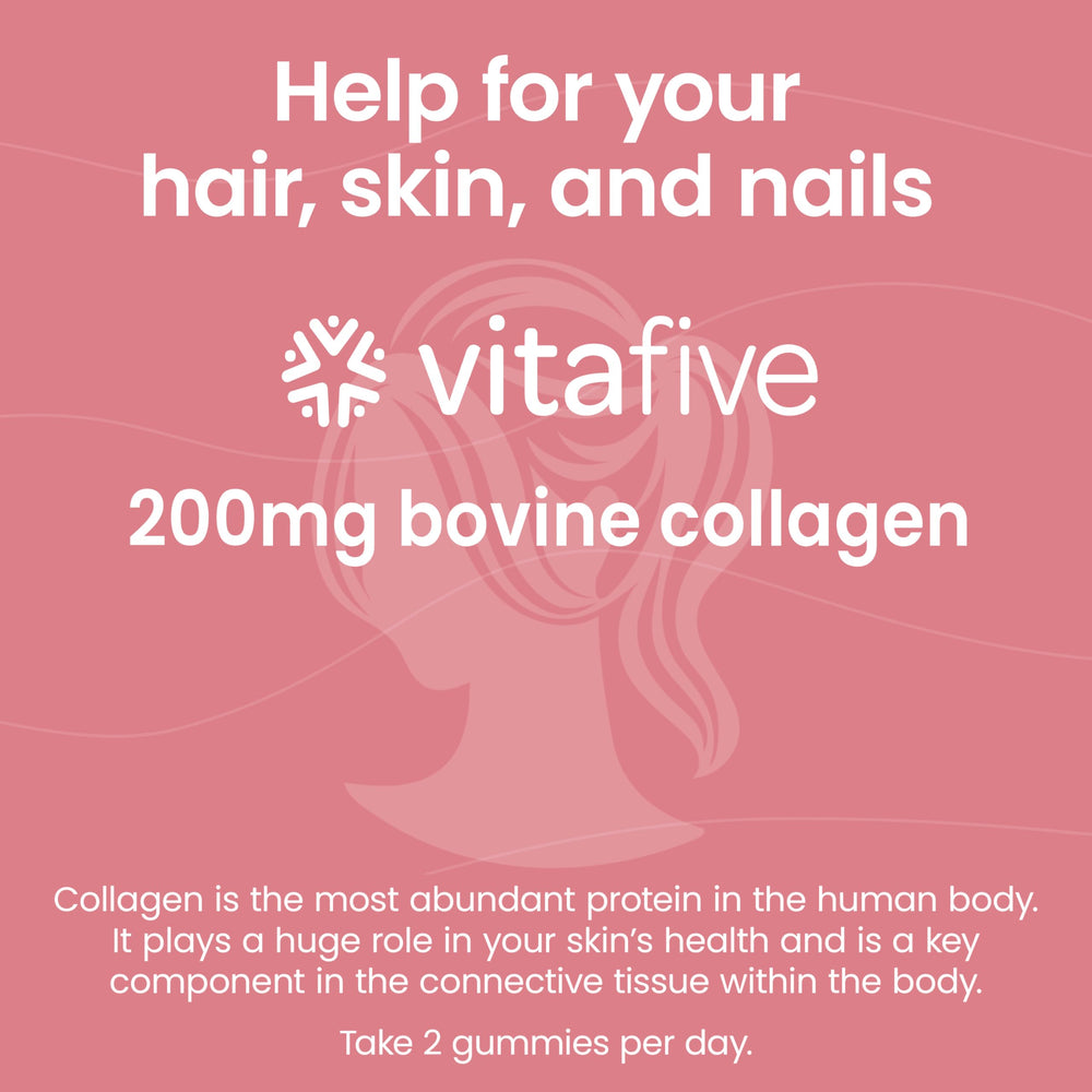 Vitafive collagen gummies label closeup highlighting ingredients and gluten-free formula