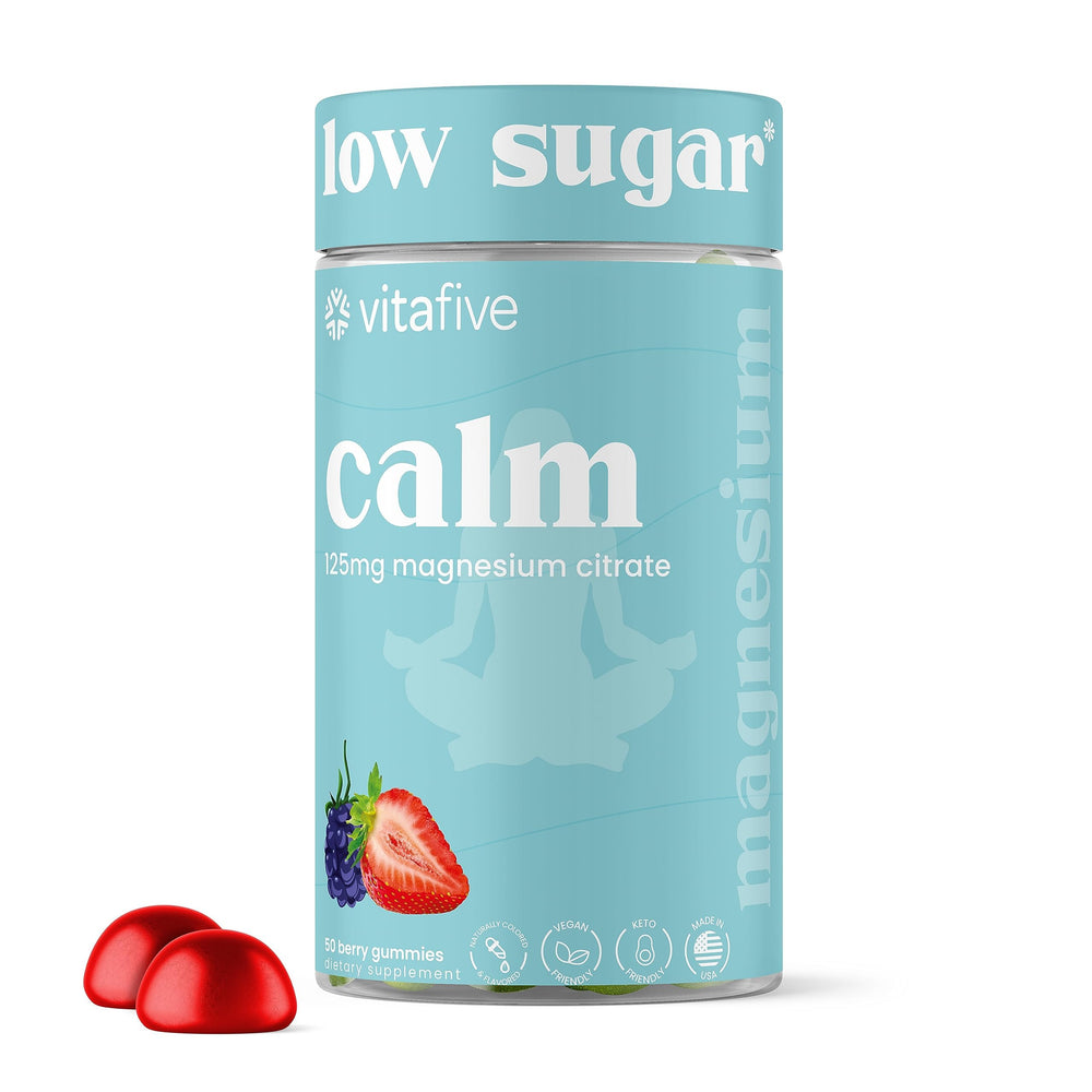 Vitafive Low Sugar Calm Gummies bottle front, berry flavor, a convenient daily magnesium option