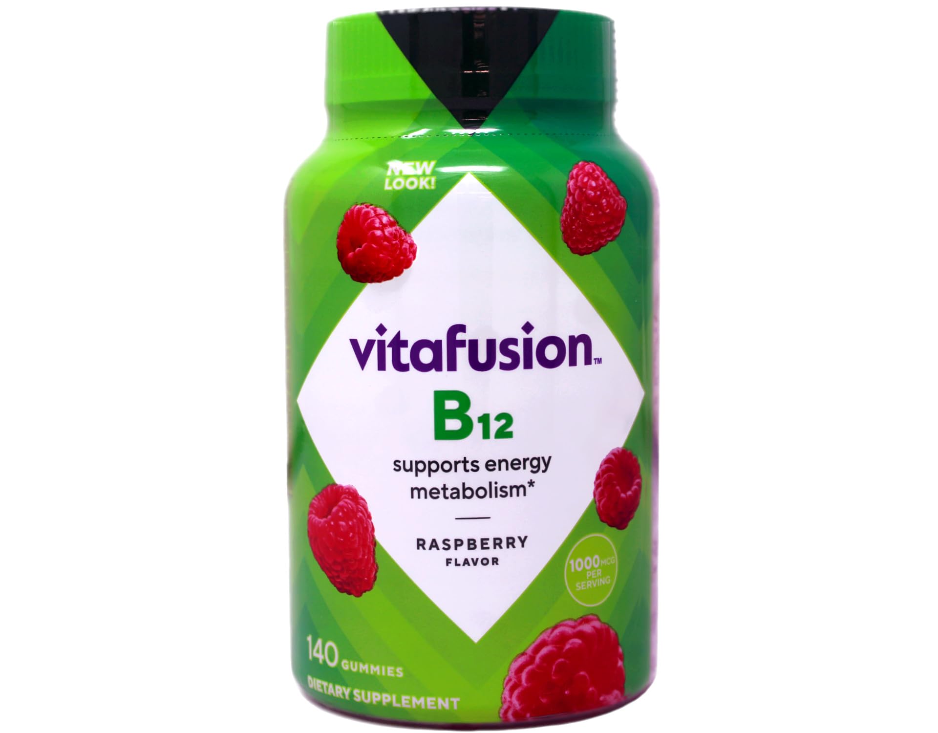 Close-up of the Vitafusion B-12 label with 1000 mcg per gummy.