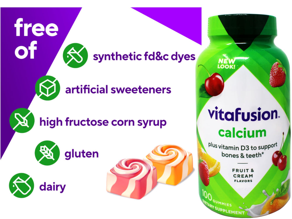 Vitafusion Calcium gummies foreground ready for daily use.