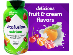 Vitafusion Calcium Gummies two-bottle-pack-fruit-closeup highlights natural fruit flavor and chewed texture.