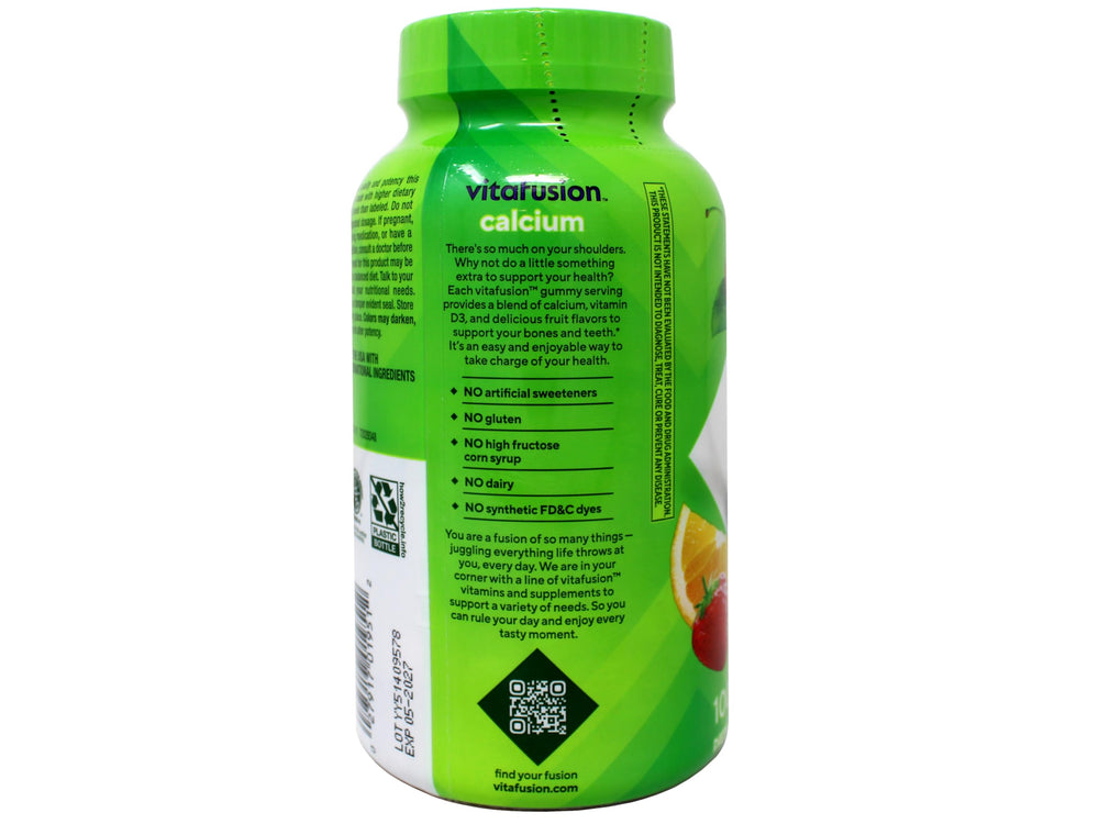 Vitafusion Calcium Gummies label-ingredients notes gluten-free dairy-free and no artificial dyes.