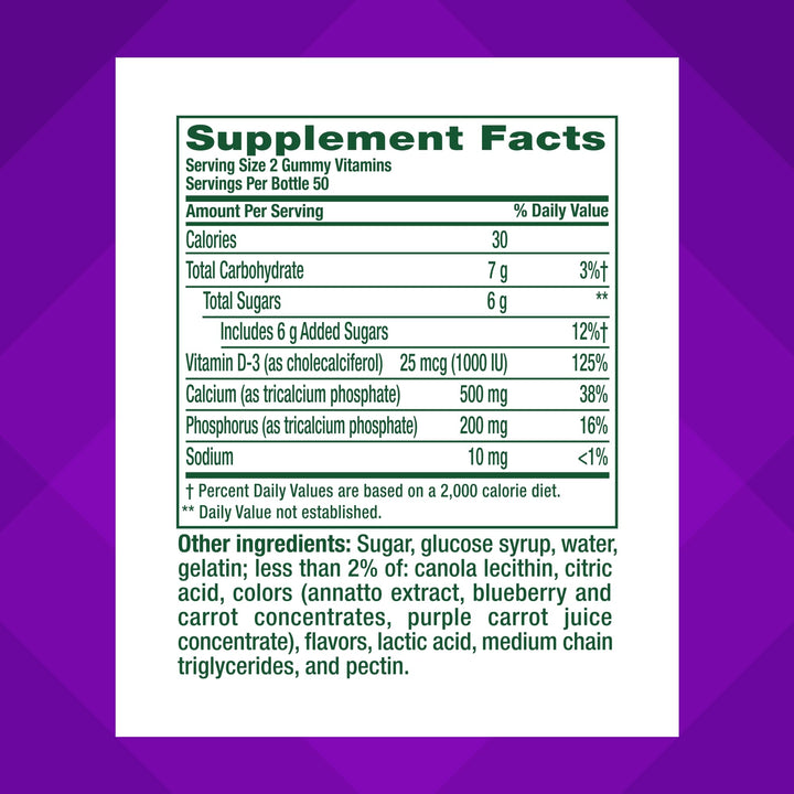 Vitafusion bottle label noting 1000 IU vitamin D per two gummies