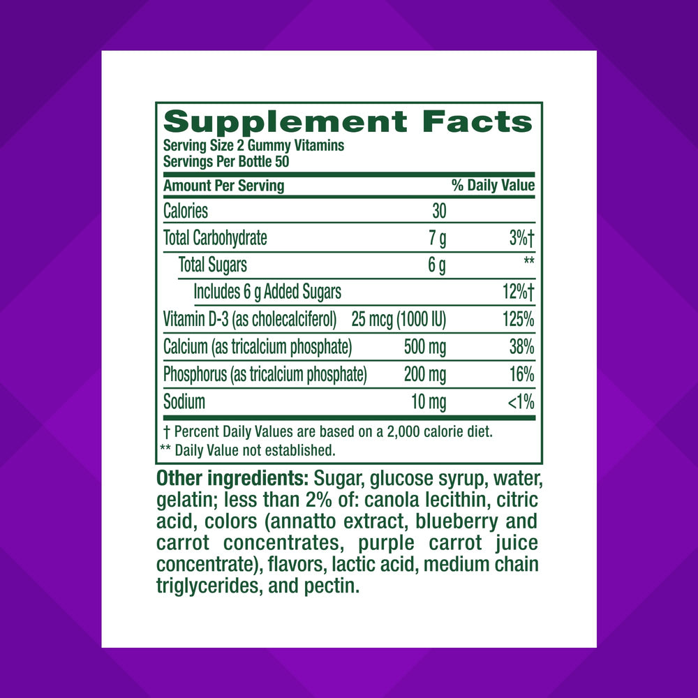 Vitafusion bottle label noting 1000 IU vitamin D per two gummies
