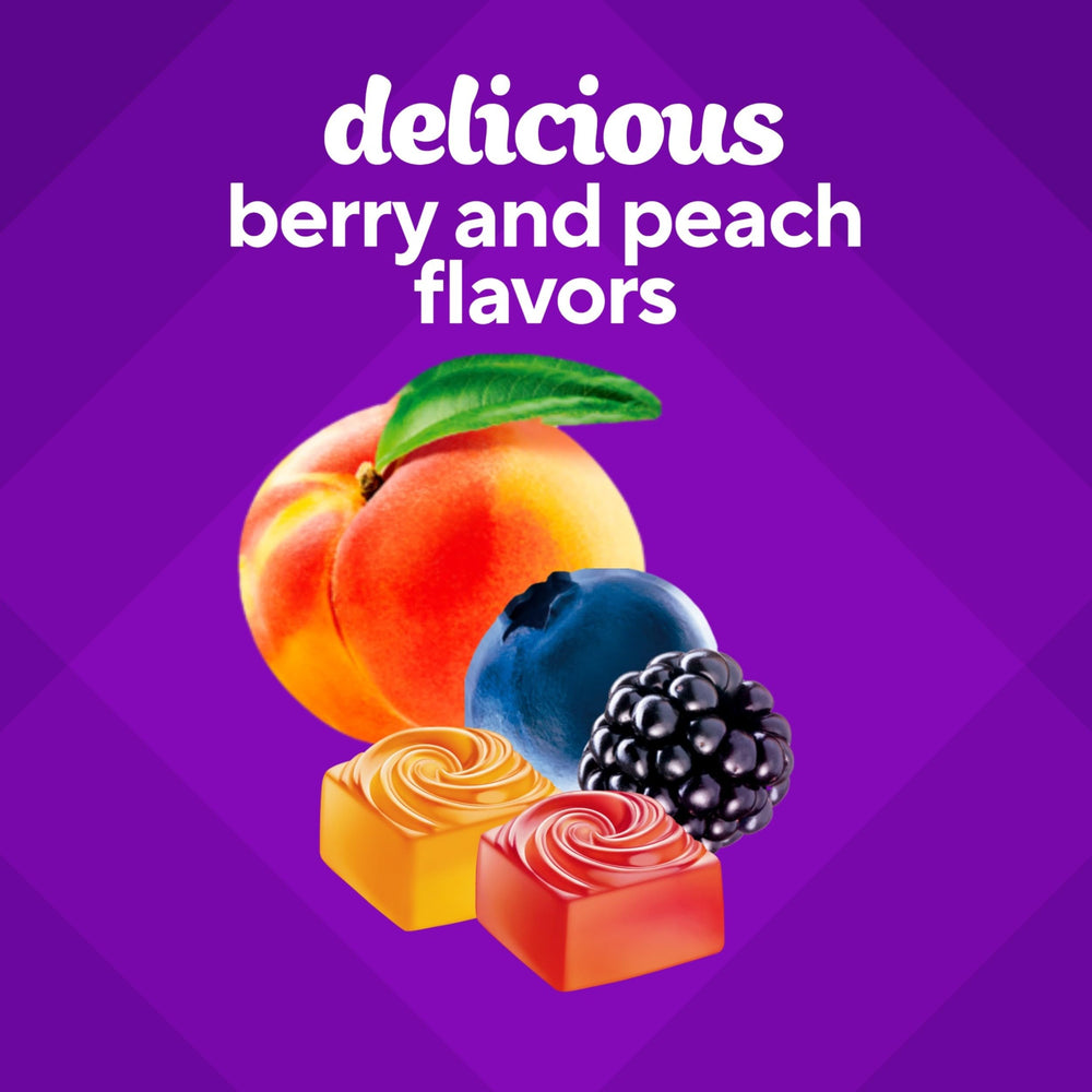 Gummies shown with a glass of water for easy taking on the go.