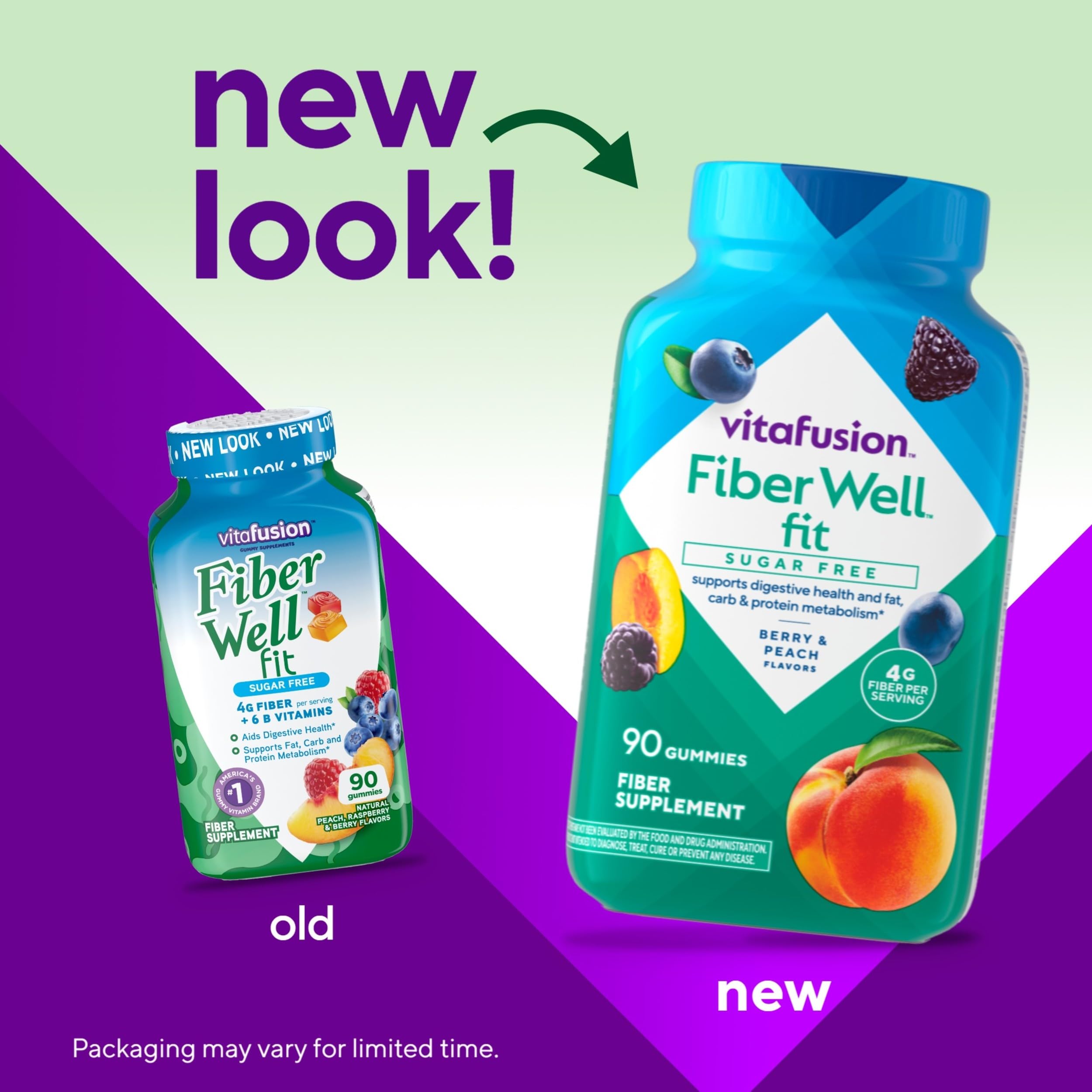 Close-up of Vitafusion gummies shows natural peach, raspberry, and berry flavors.