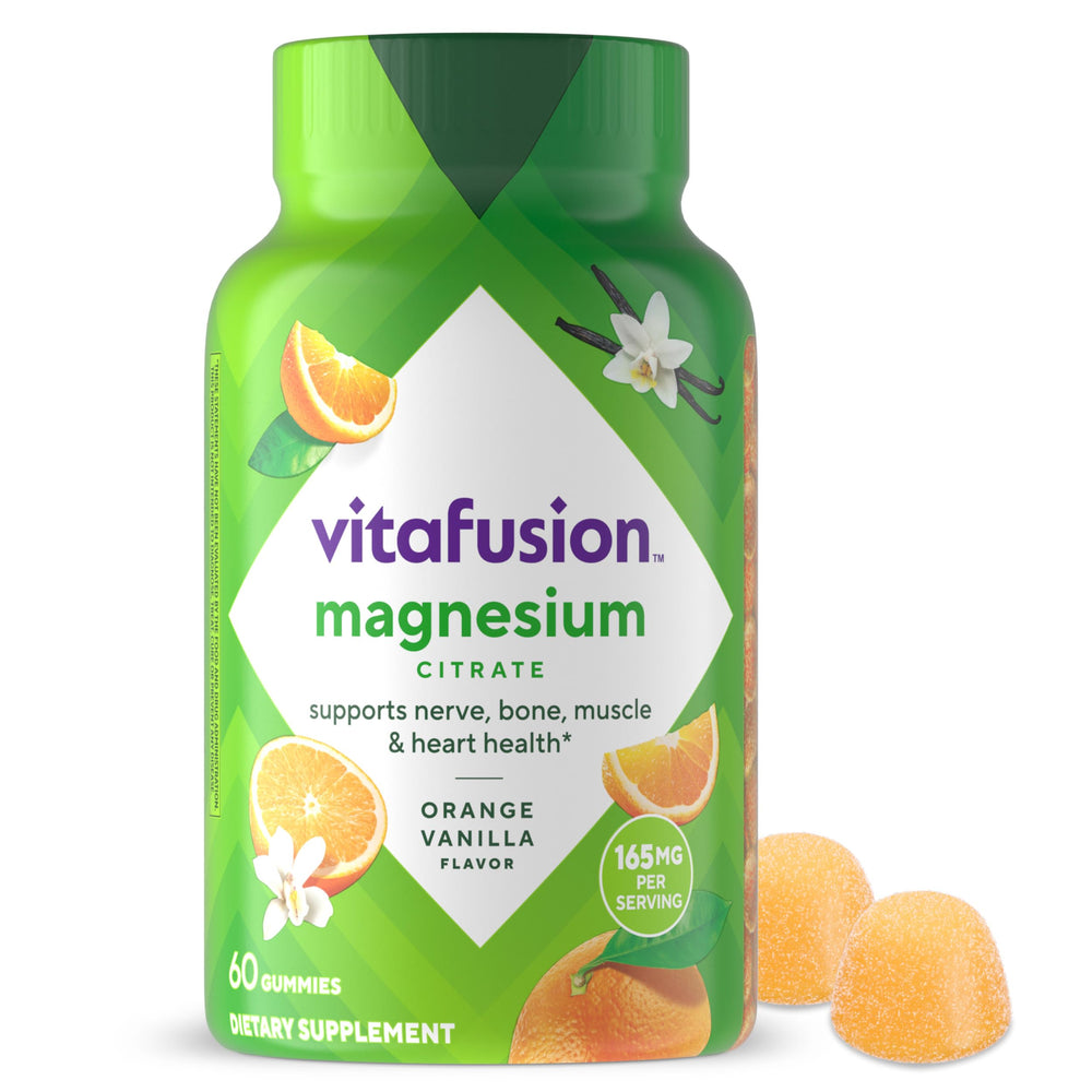 Vitafusion Magnesium Gummies bottle front for daily wellness with tropical citrus flavor