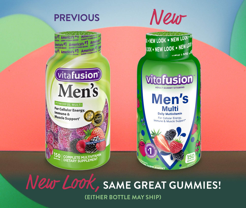 Vitafusion bottle back label with ingredients and dosage guidance.