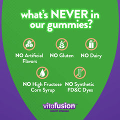 Vitafusion gummies on bright surface emphasize berry flavor.