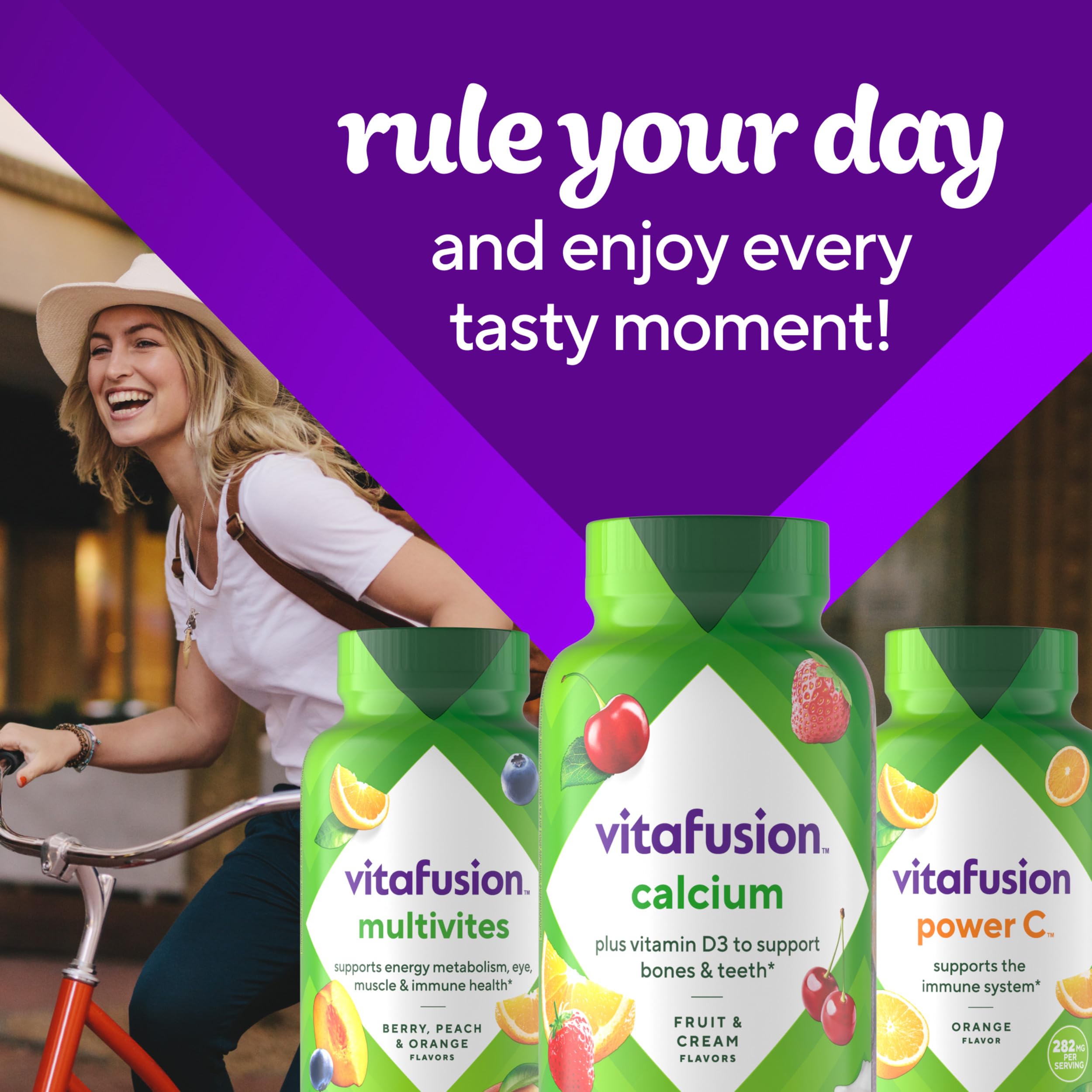 Adult daily routine with Vitafusion Power C gummy vitamins.