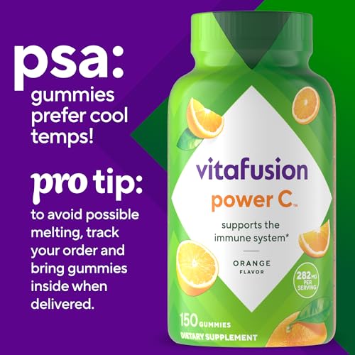 Unopened Vitafusion Power C bottle beside a citrus fruit.