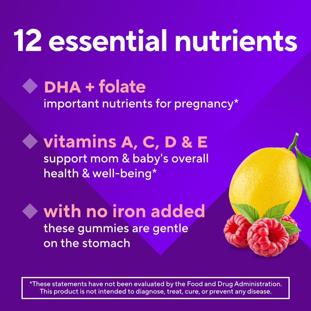 Vitafusion Prenatal Gummies no iron added formulation for gentler digestion.