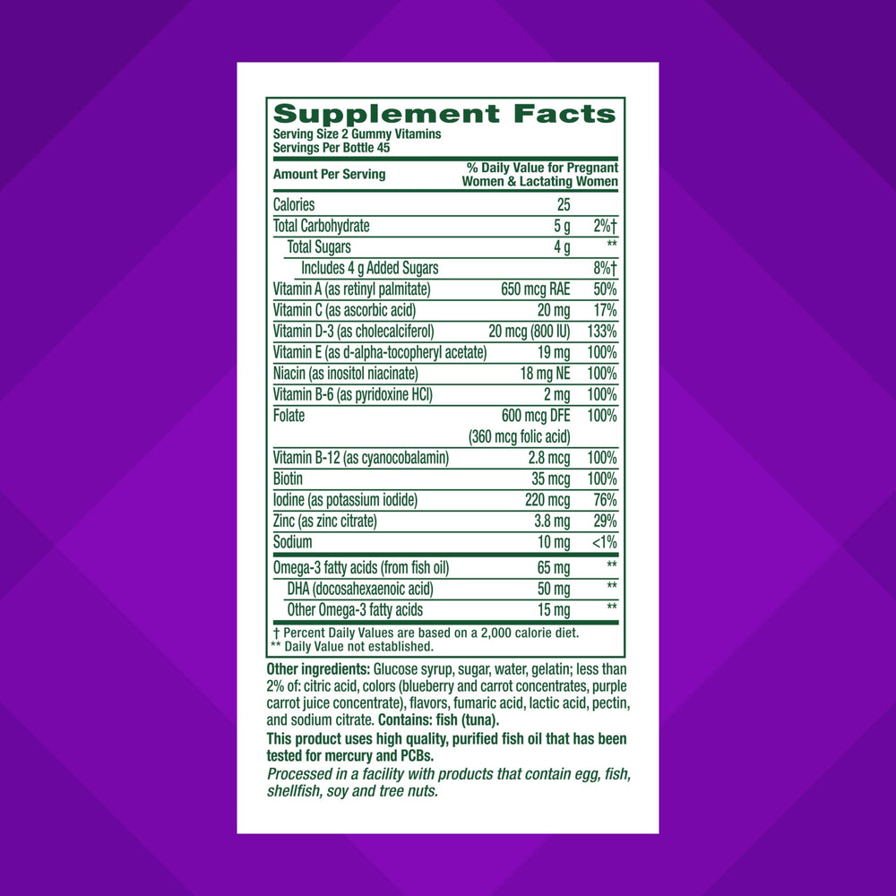 Bottle label from Vitafusion Prenatal Gummies showing 50 mg Omega-3 DHA.
