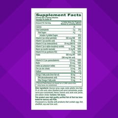 Bottle label from Vitafusion Prenatal Gummies showing 50 mg Omega-3 DHA.