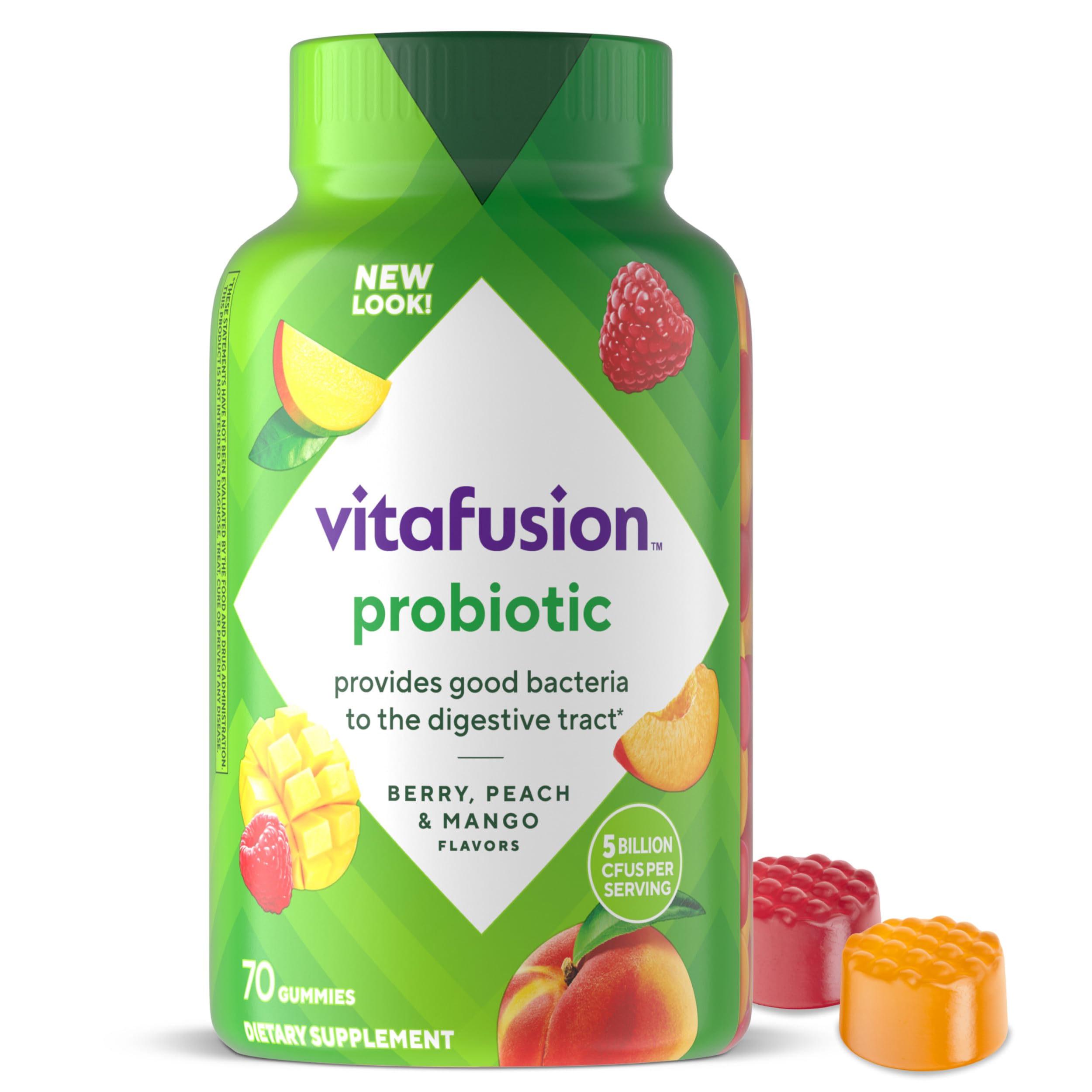 Vitafusion probiotic gummies bottle with raspberry-peach-mango flavors, 70-count for daily regimen