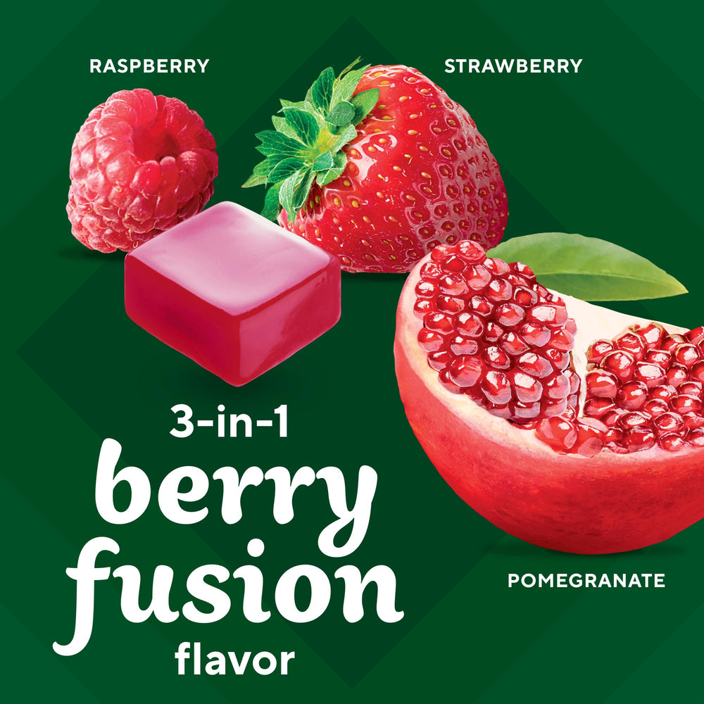 No artificial dyes claim shown on Berry Fusion packaging.