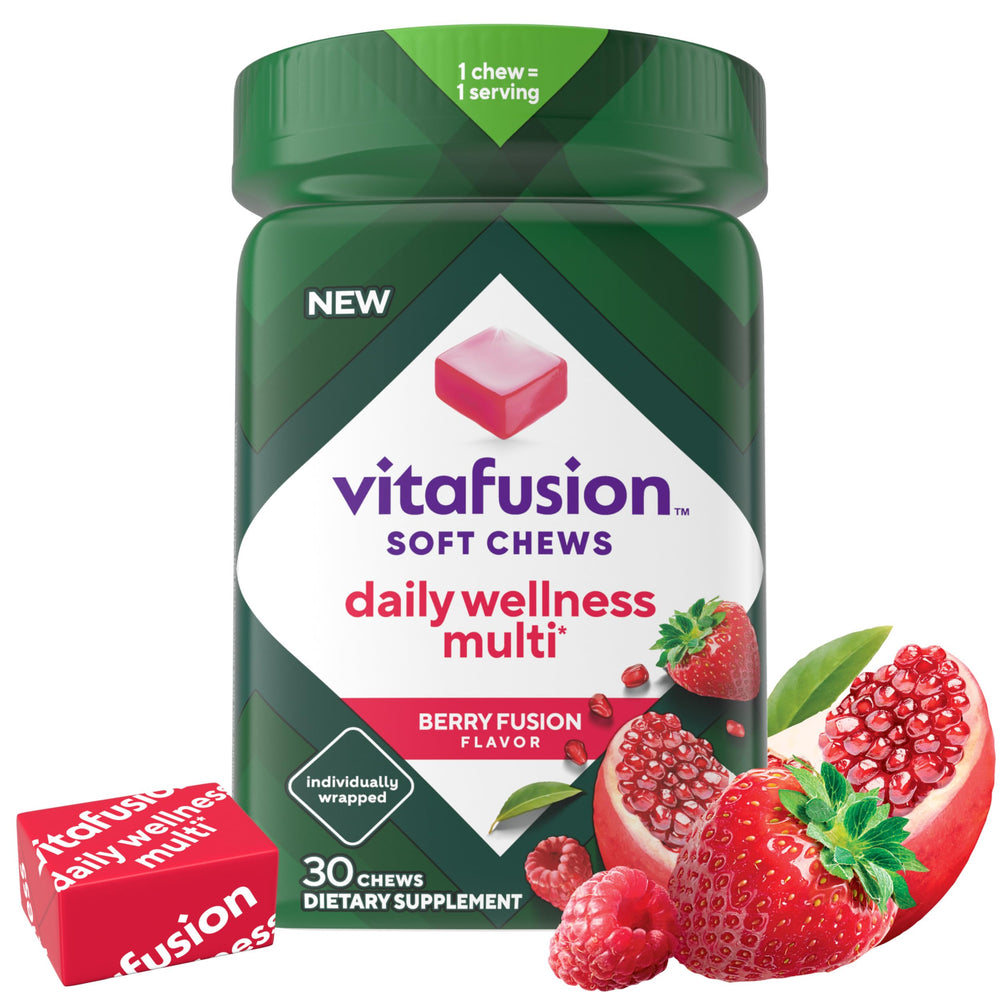 Vitafusion Soft Chews Daily Wellness Berry Fusion bottle for convenient daily use.
