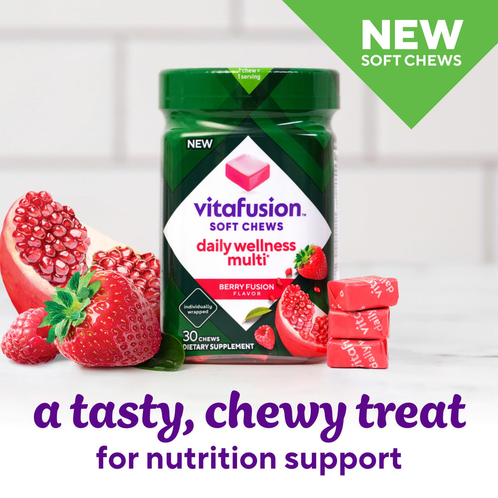 Close-up of Vitafusion Berry Fusion flavor notes in a chew.