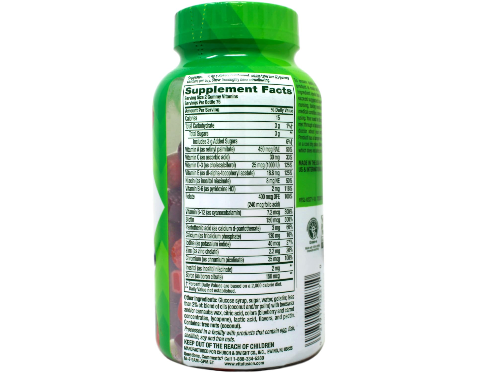 Vitafusion Women's Multivitamin bottle with label emphasizing berry flavored daily vitamins.