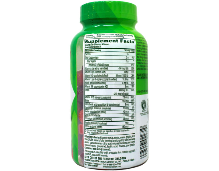 Vitafusion Women's Multivitamin bottle with label emphasizing berry flavored daily vitamins.
