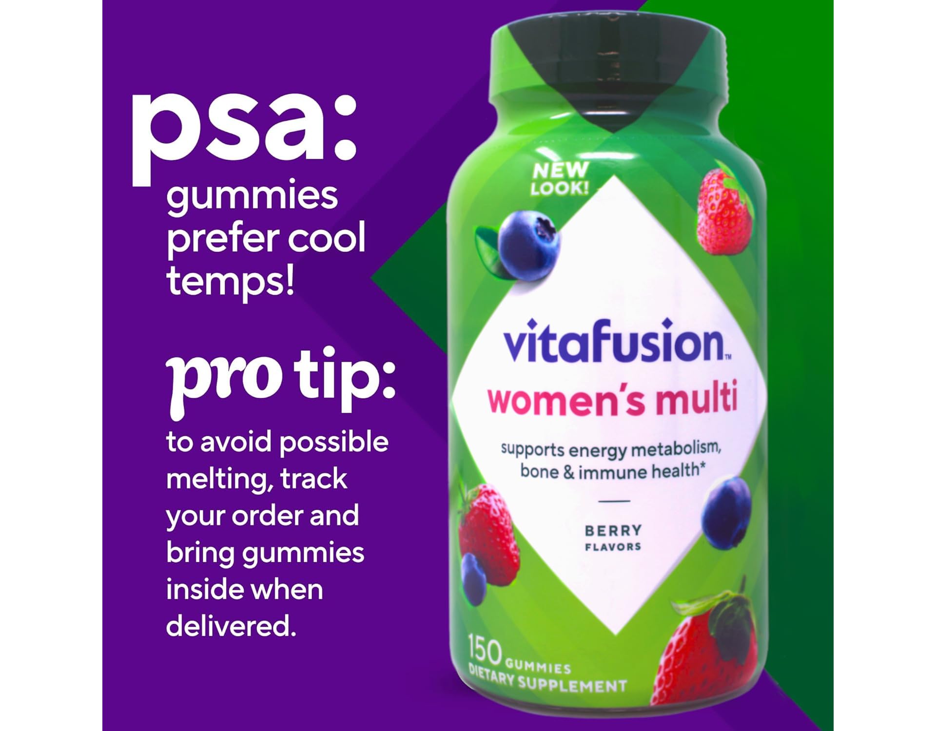 Vitafusion Women's Multivitamin gummies serving set ready for daily use.