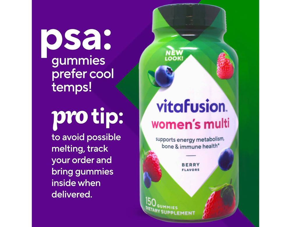 Vitafusion Women's Multivitamin gummies serving set ready for daily use.