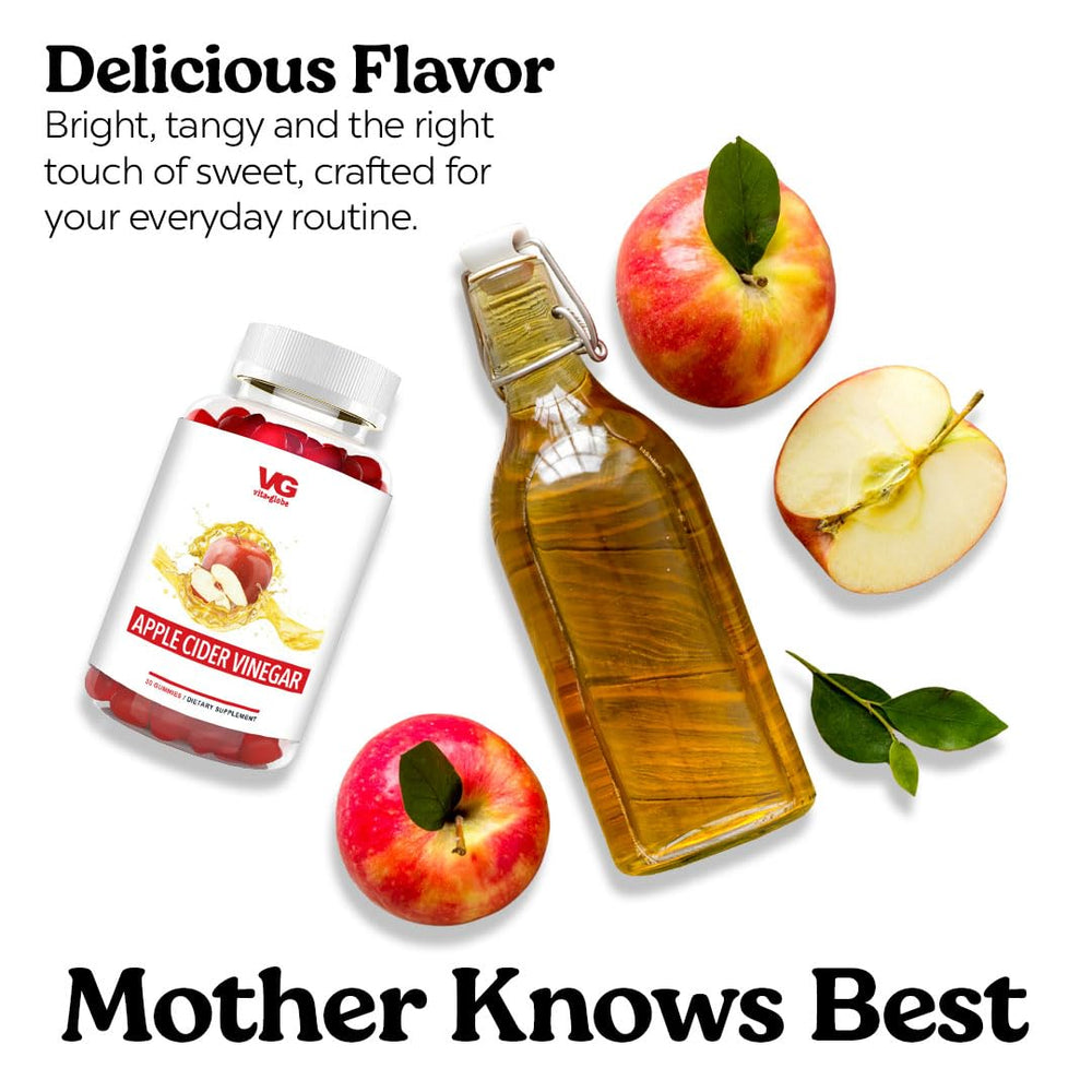 VITA GLOBE ACV gummies label close-up highlighting The Mother and vitamins