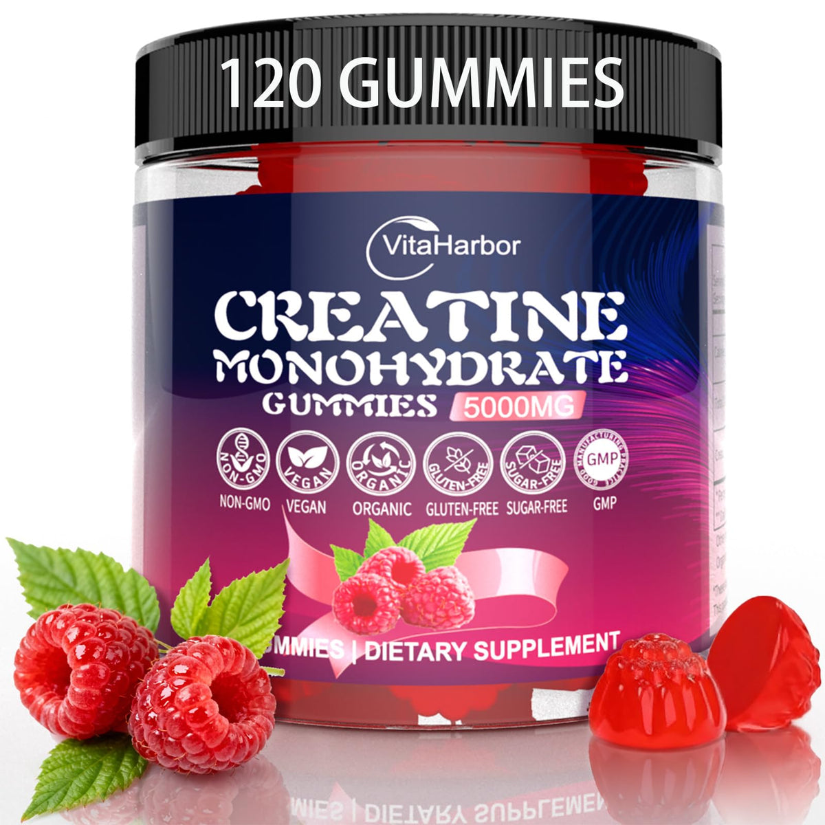 VitaHarbor Creatine Gummies bottle with raspberry flavor for convenient daily supplement.