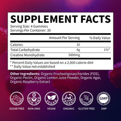 Close-up of VitaHarbor Creatine Gummies with raspberry flavor for a tasty 5,000 mg serving.
