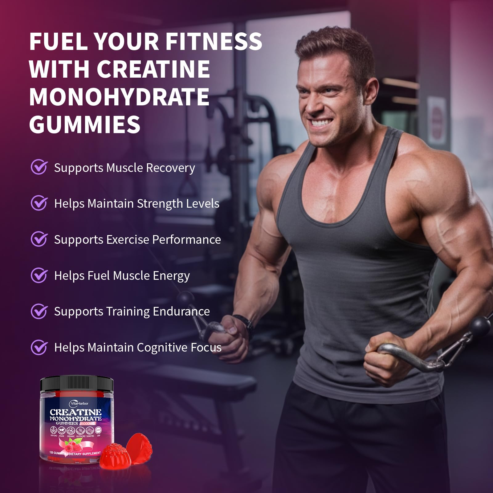 GMP-certified facility icon on VitaHarbor Creatine Gummies label.