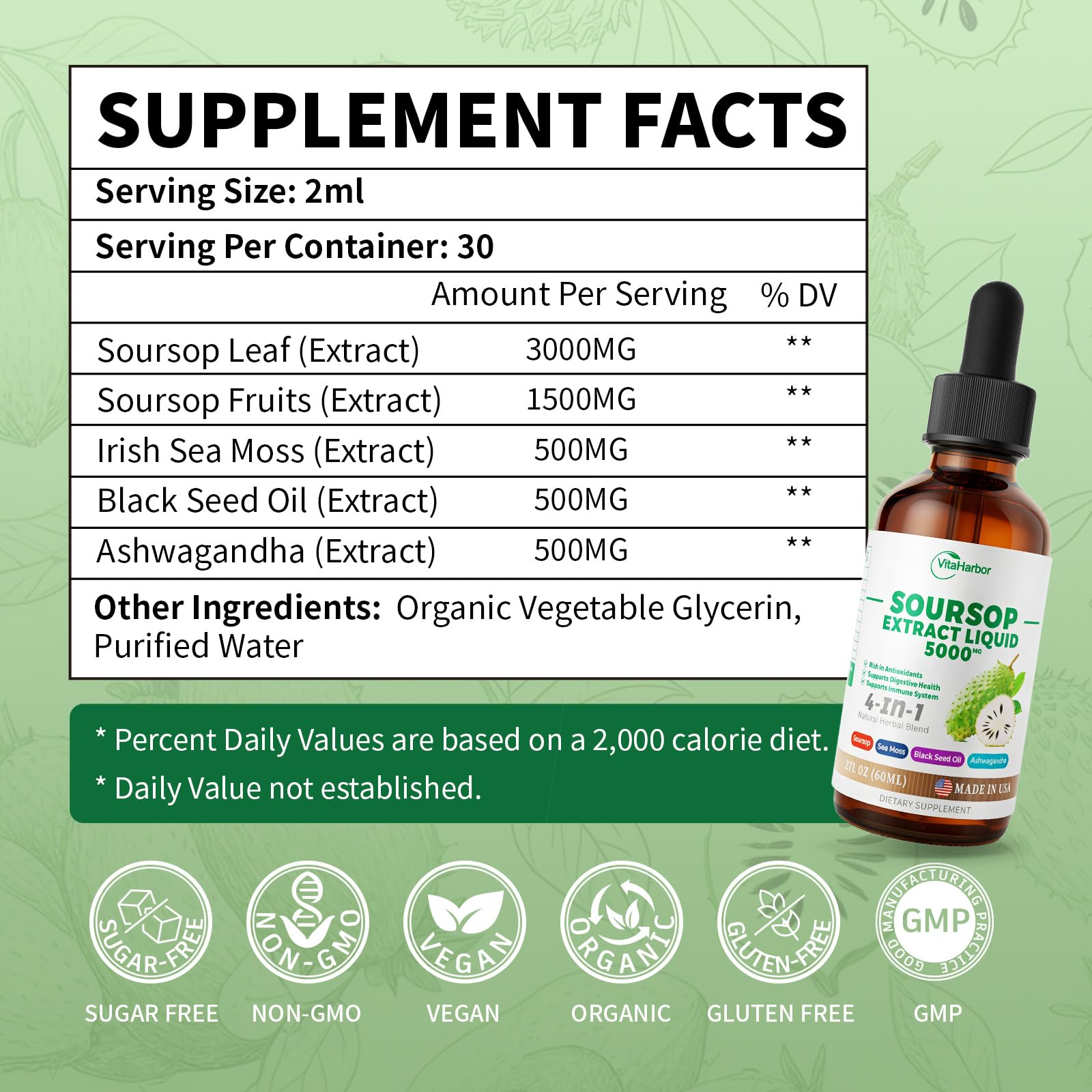 VitaHarbor ingredient bundle: soursop, sea moss, black seed oil, ashwagandha.