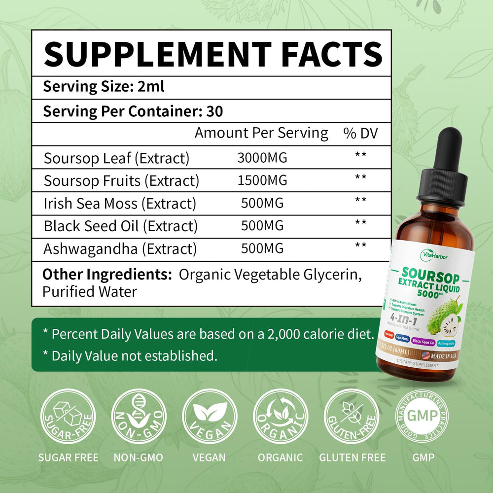 VitaHarbor ingredient bundle: soursop, sea moss, black seed oil, ashwagandha.