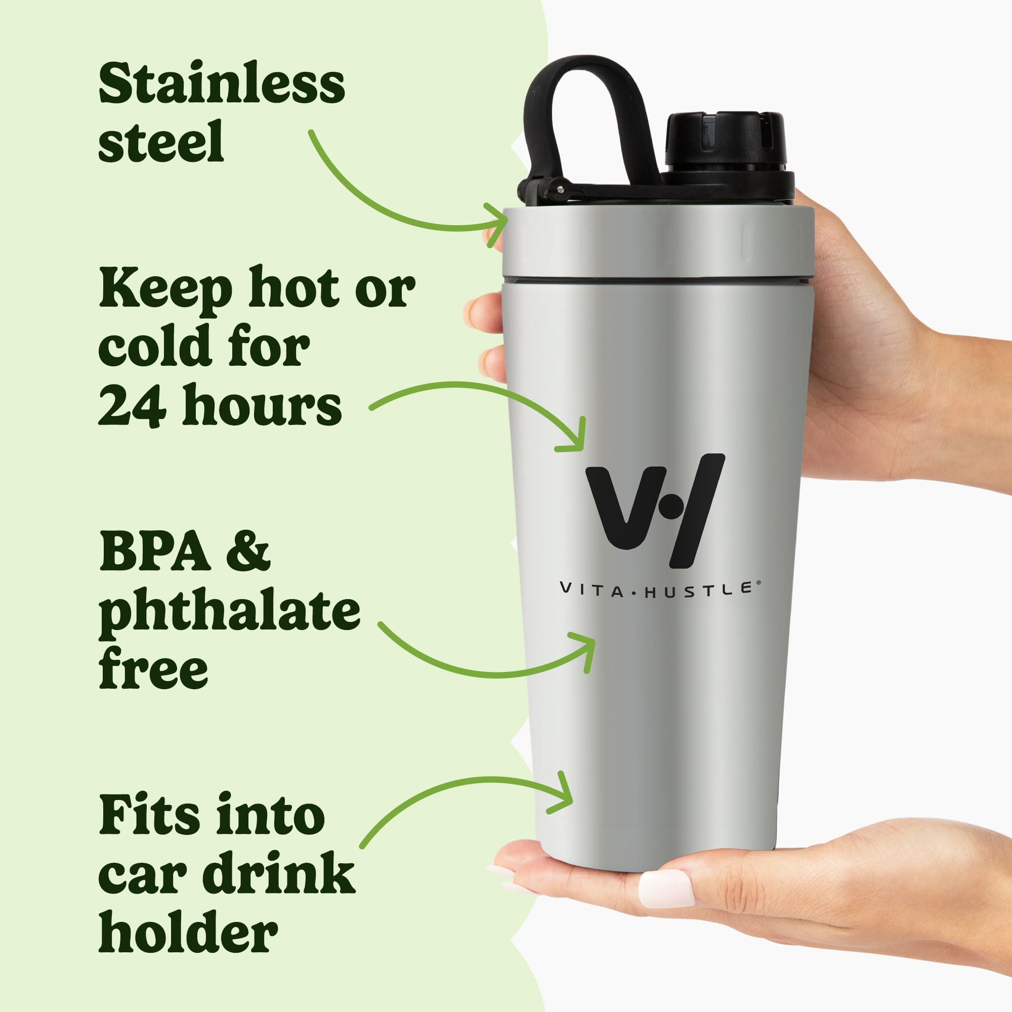 VitaHustle insulated shaker showcases keeping beverages cold for hours.