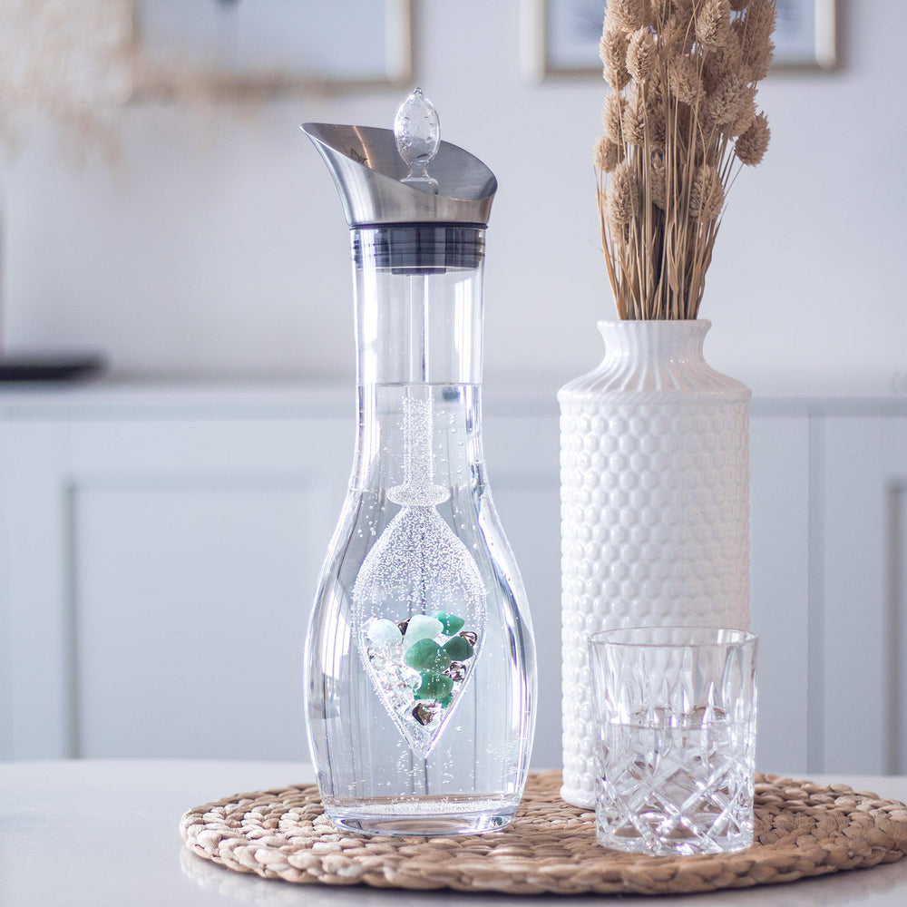 VitaJuwel Bohemian glass vial detail elevating water presentation.