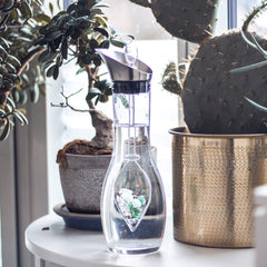 VitaJuwel Era Forever Young carafe with a sleek stainless steel lid for modern pouring.