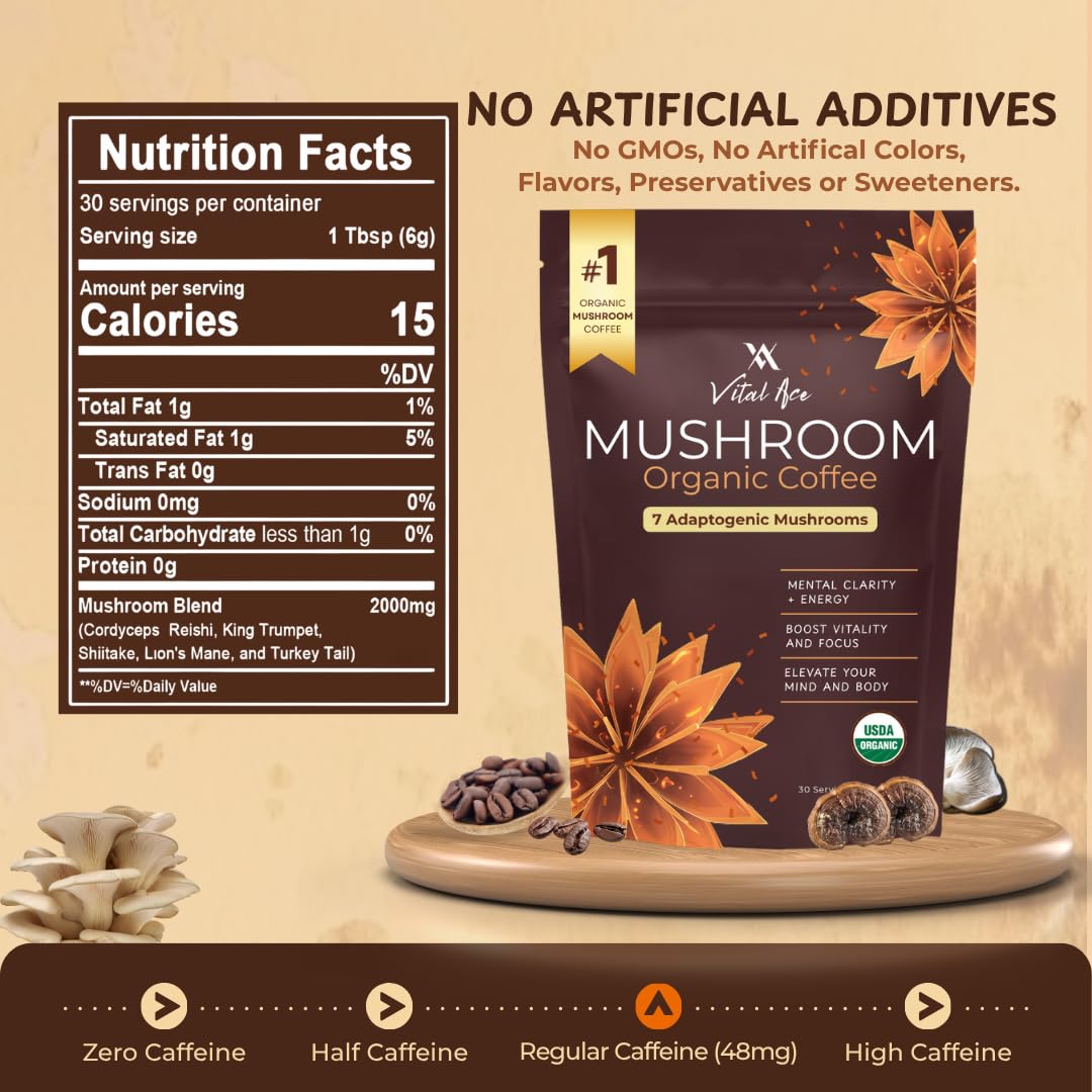 Vital Ace 7-mushroom blend image highlights balanced energy without jitters