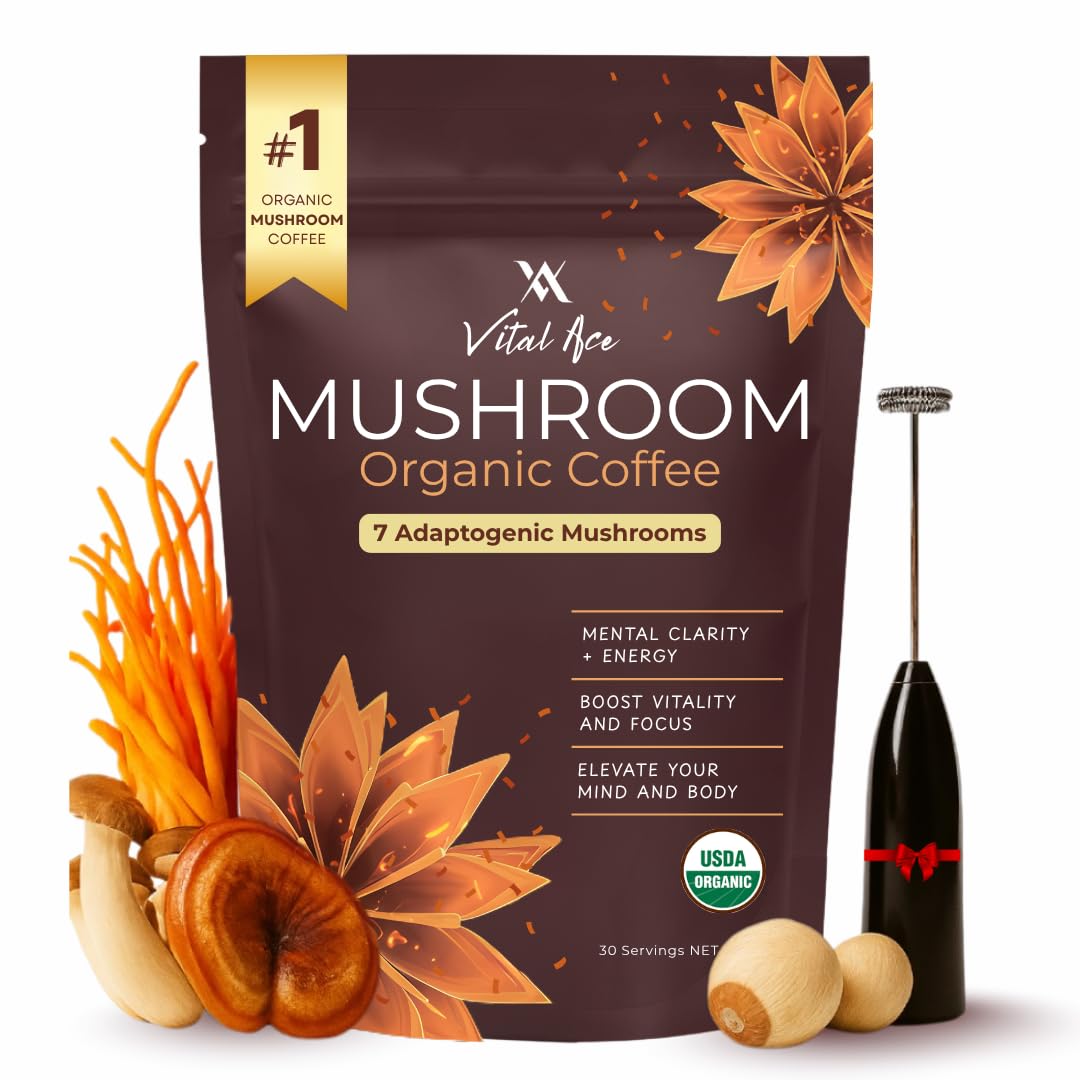 Vital Ace mushroom coffee pack showing organic blend for clean energy and focus