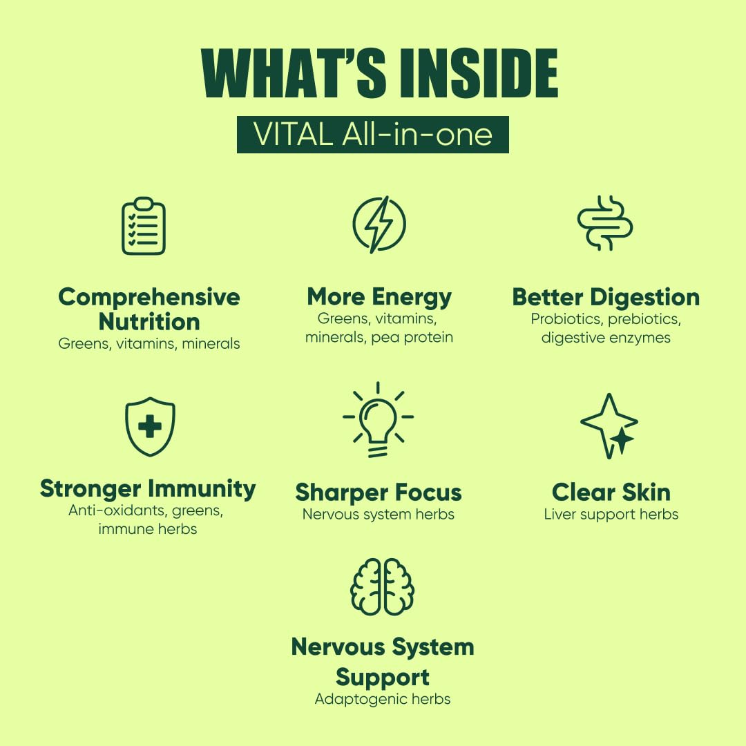 Vital All-in-One Daily Powder ingredients panel highlights 78 nutrients