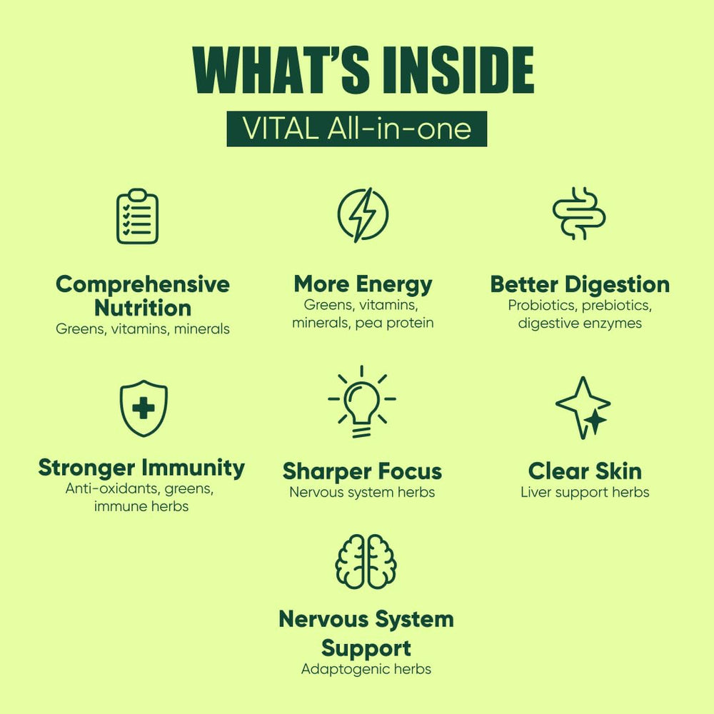 Vital All-in-One Daily Powder ingredients panel highlights 78 nutrients