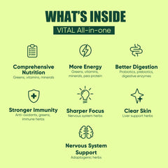 Vital All-in-One Daily Powder ingredients panel highlights 78 nutrients