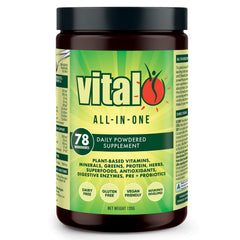 Vital All-in-One Daily Powder jar front showing label and greens blend for daily wellness