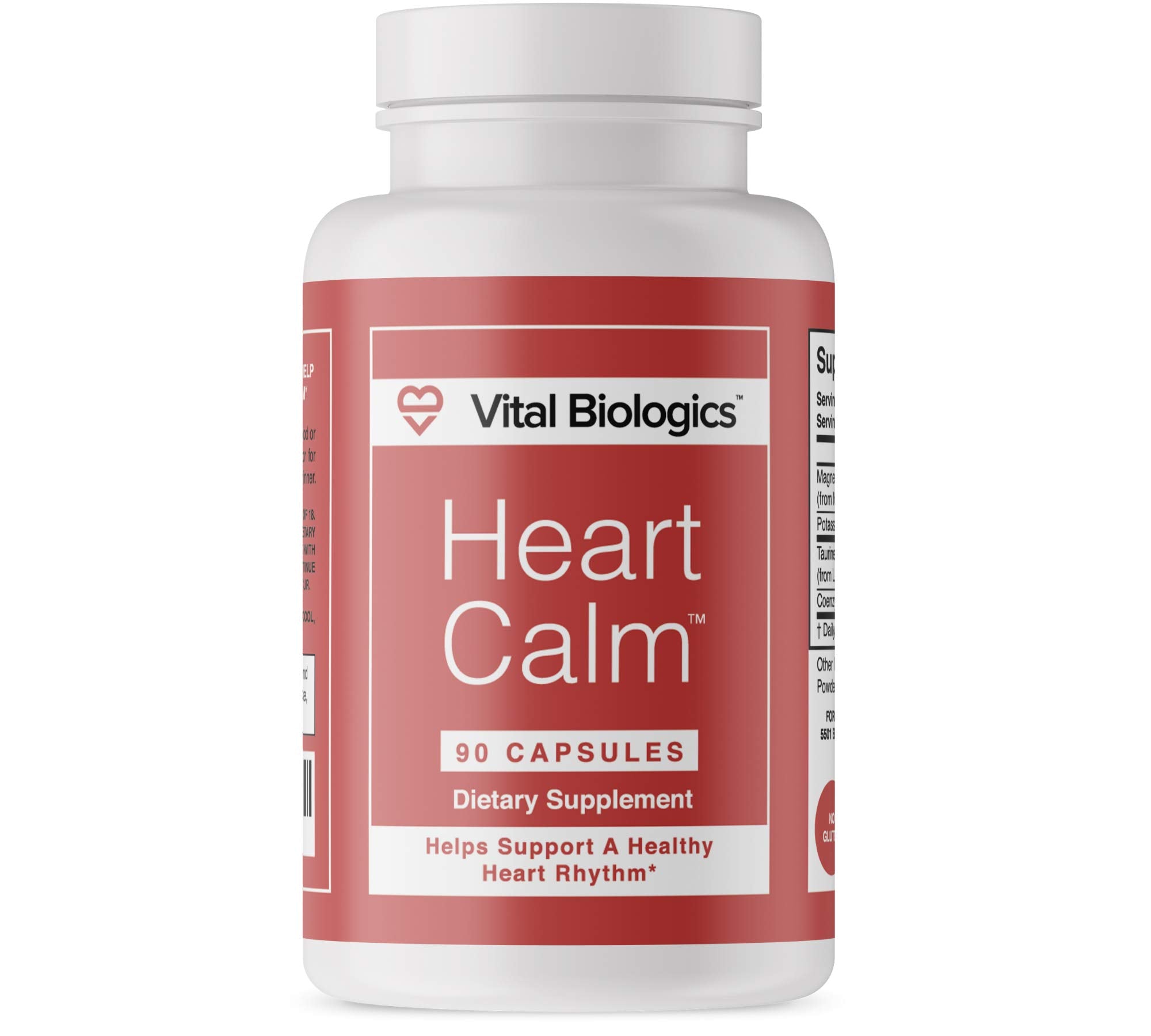 Vital Biologics Heart Calm bottle highlighting a natural heart rhythm support formula for a healthy rhythm