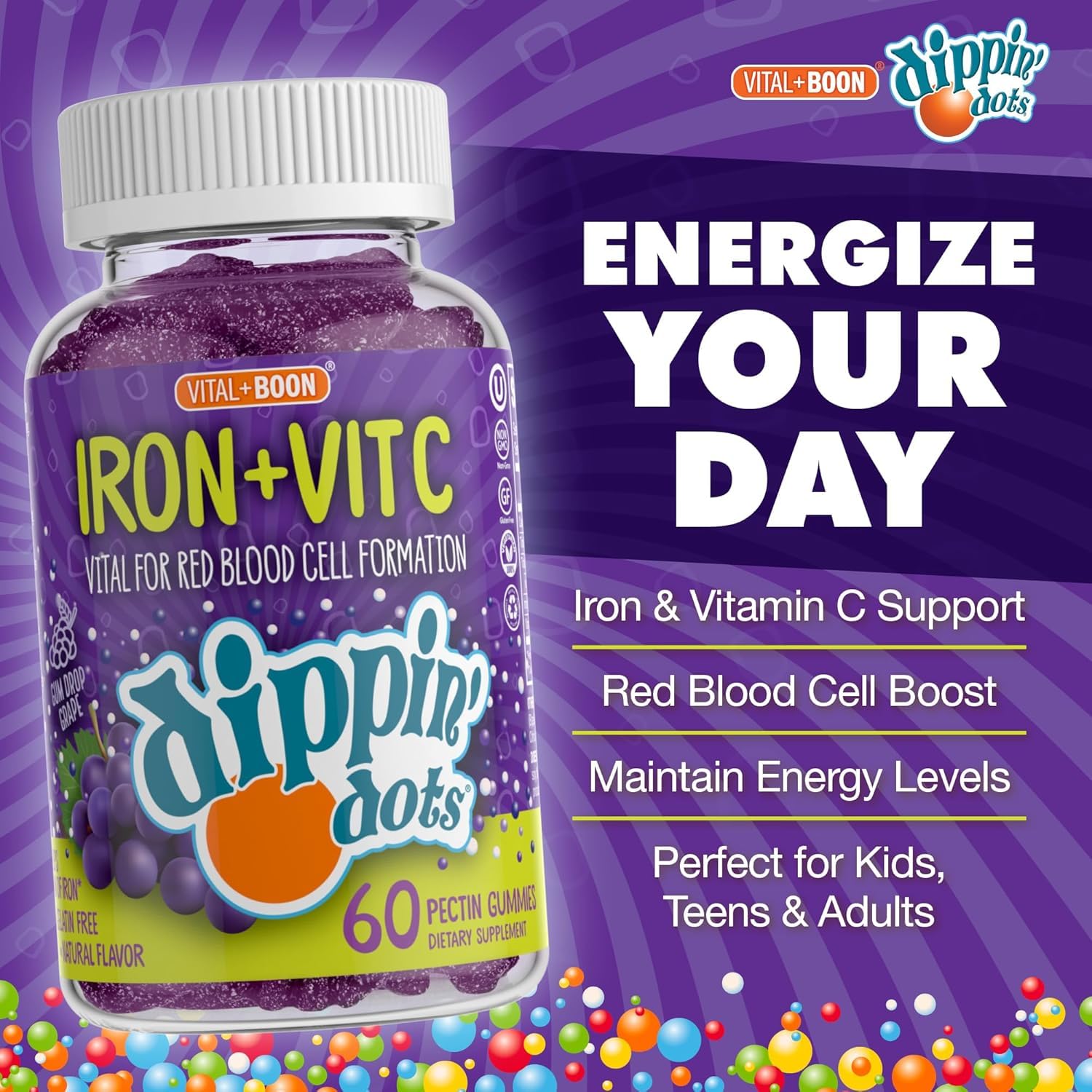 Vital+Boon grape gummy close-up showing tasty iron and vitamin C.
